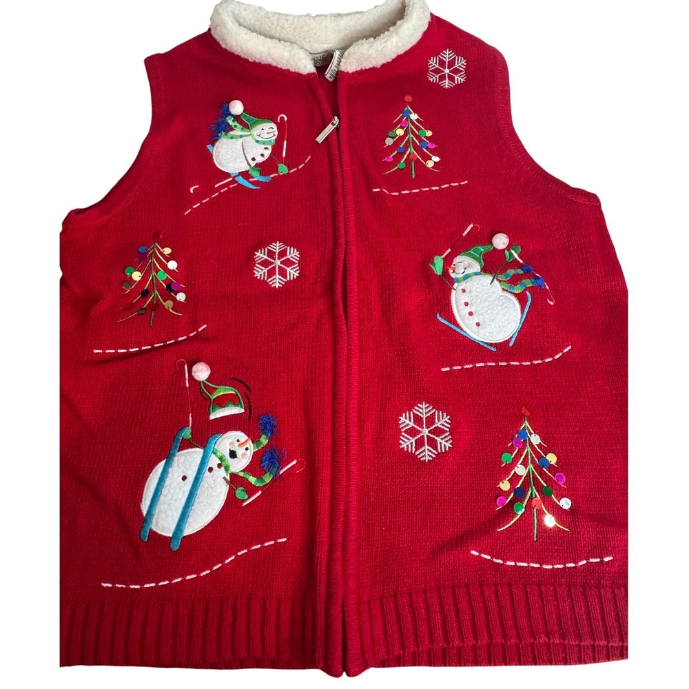 VTG Classic Elements Red Christmas Snowman Sequin Holiday Sweater Vest Large
